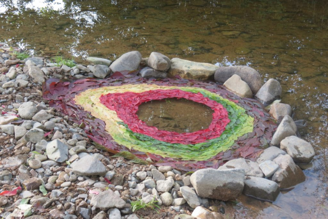 Land Art: blad applicatie op water / applying leaves on water